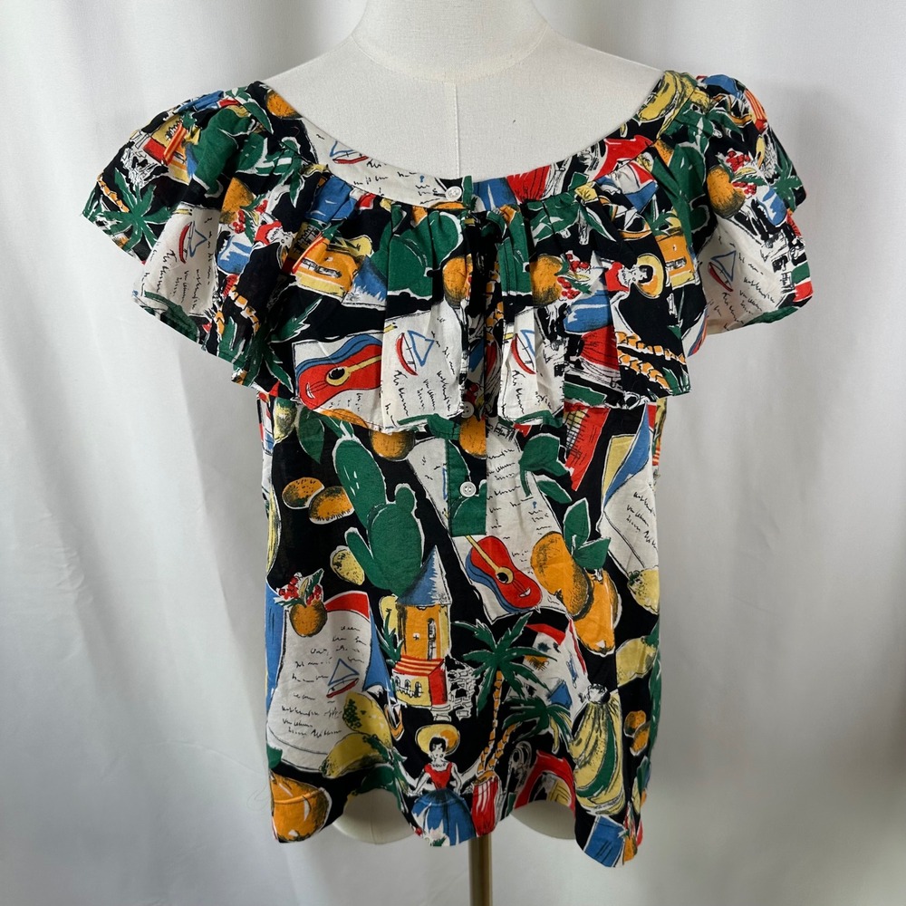 JCrew Postcard Print Ruffle Blouse Women 6 Cotton Off Shoulder Popover Top Shirt